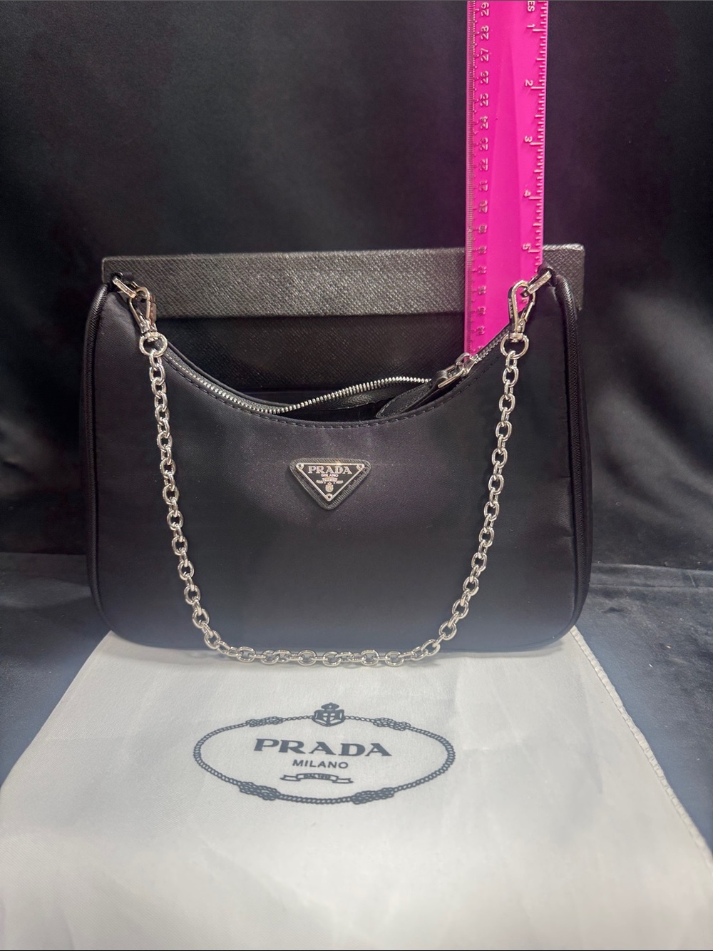 Prada Black Nylon and Leather Shoulder Bag with Silver Chain